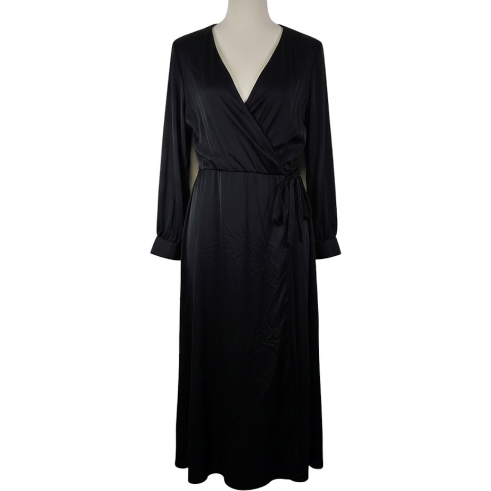Babaton Black Long Sleeve Wrap Midi Dress Satin V-Neck Evening Cocktail Large